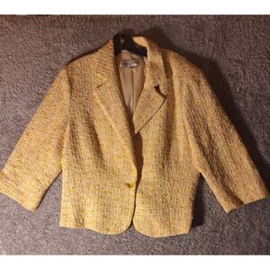 Vintage Sara Campbell Yellow Tweed Blazer Jacket Sz 18 Single Button 3/4 Sleeve